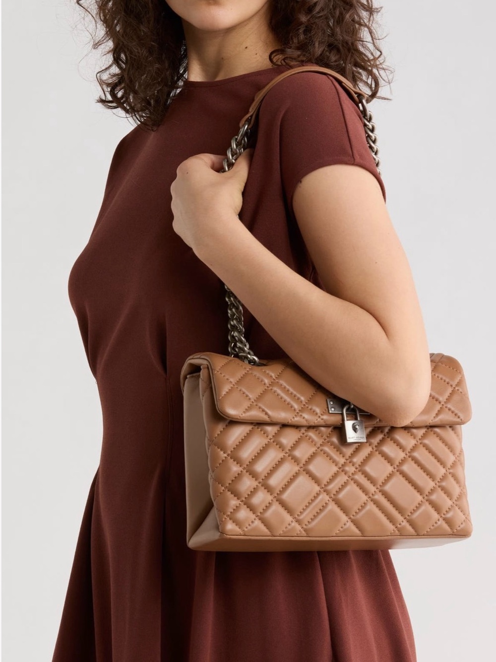 Kurt Geiger Brixton Diamond Camel Quilted Leather Shoulder Bag with Silver Chain - Picture 5 of 6